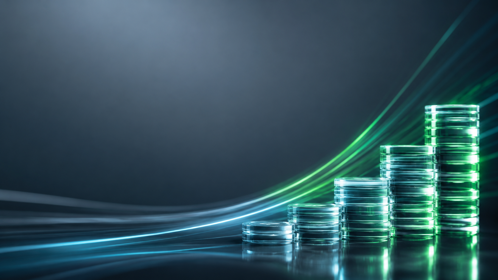 Ascending stacks of glass tokens with a rising green growth curve — capital flowing into measurable green outcomes